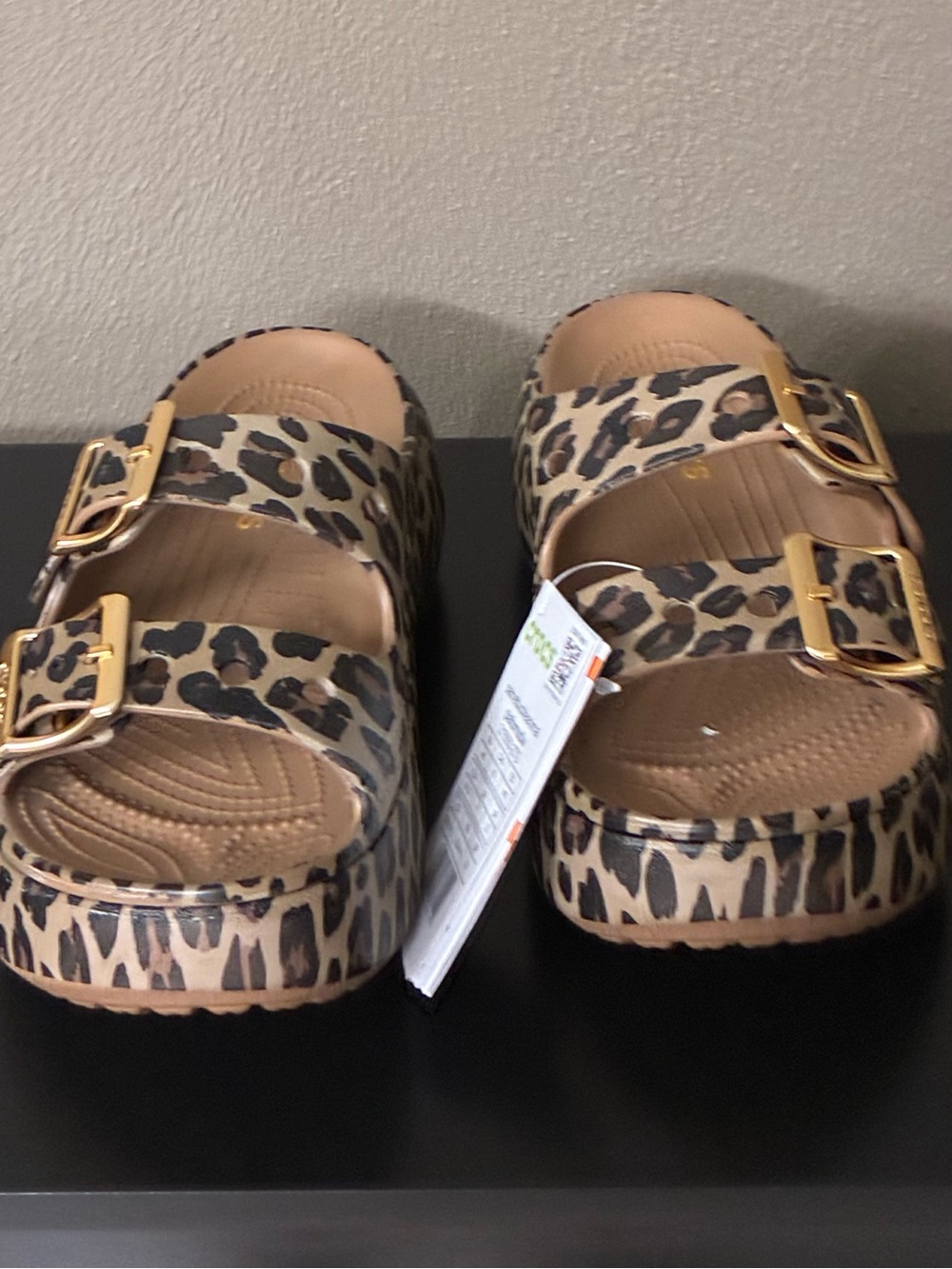 CROCS Leopard Print Double-Buckle platform in Tan and Black with Gold Buckles - Picture 3 of 4